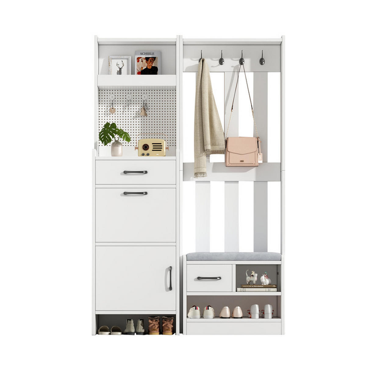 GARDEROBEN-SET mit Schuhbank und 7 Haken 110x35x175.5 cm - Weiß, Holzwerkstoff (35/175.5/110cm) - Fuleadture