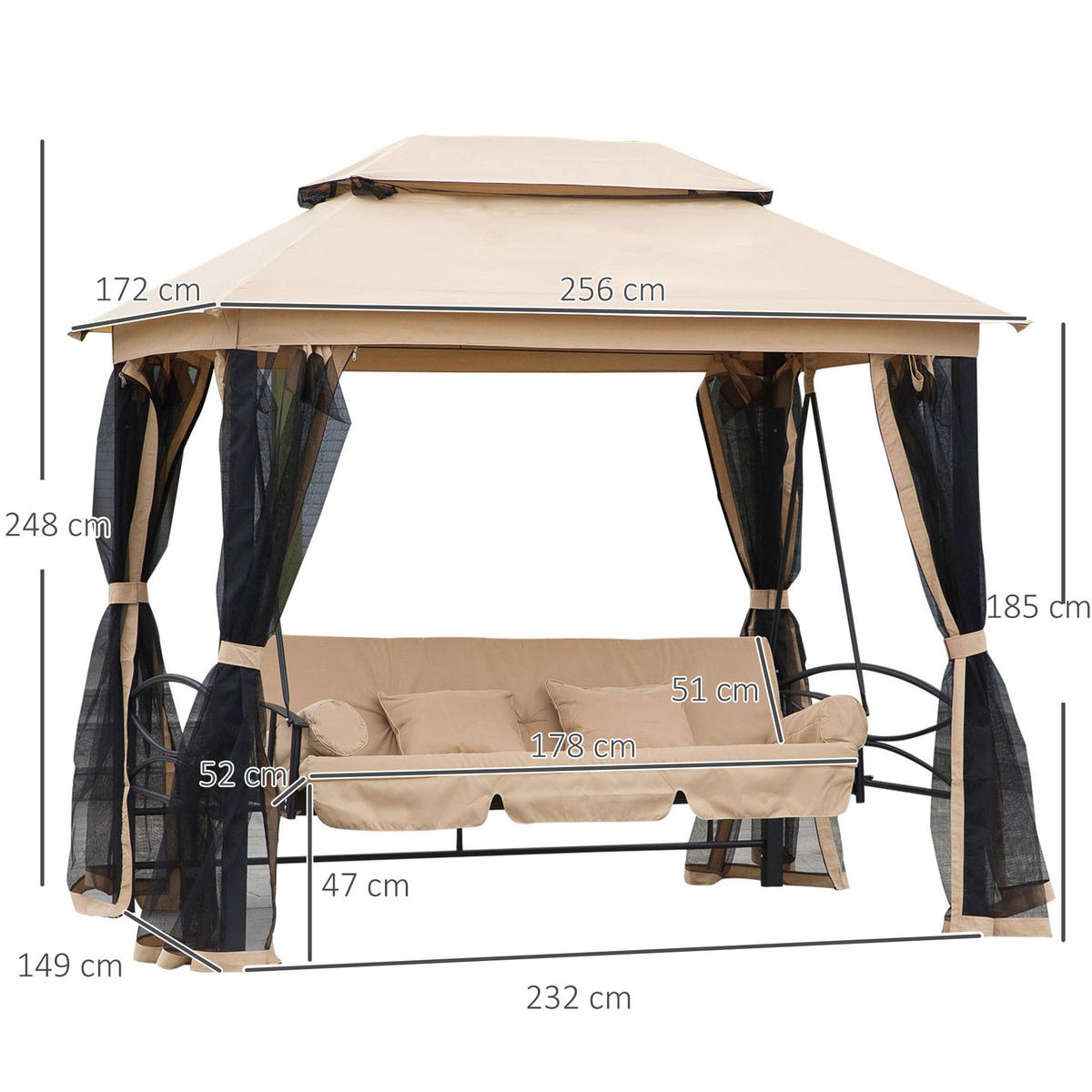 HOLLYWOODSCHAUKEL DE-06995 3-Sitzer, mit Seitenwänden & Moskitonetz, Liegefunktion Beige - Beige/Schwarz, Metall (256/248/172cm) - ComfortXL