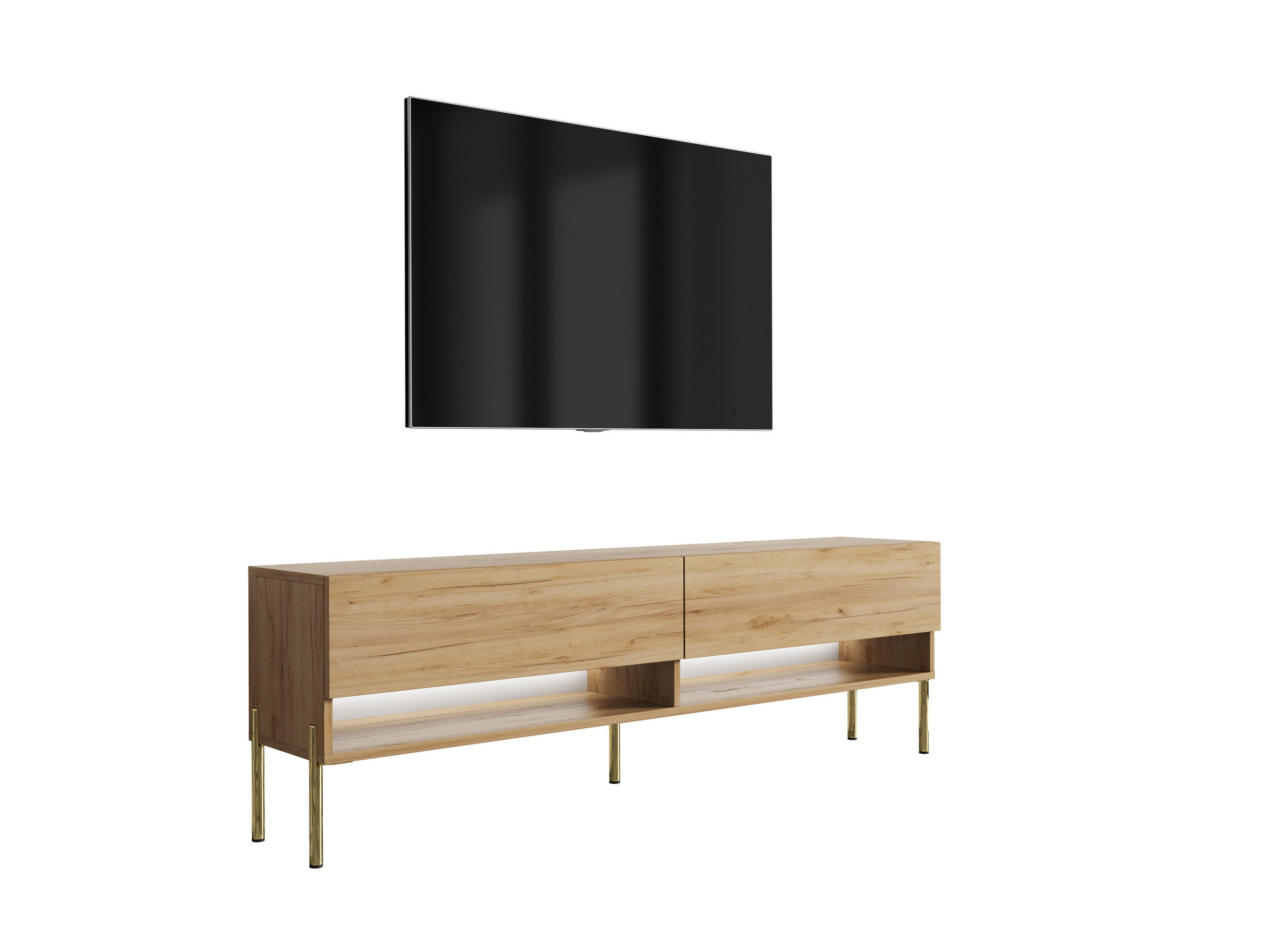 TV-LOWBOARD 170 cm Eiche Craft, gerade goldene Beine, weiße LED, 170 × 32 × 52 cm - Braun, Holzwerkstoff (170/52/32cm) - 3XE LIVING