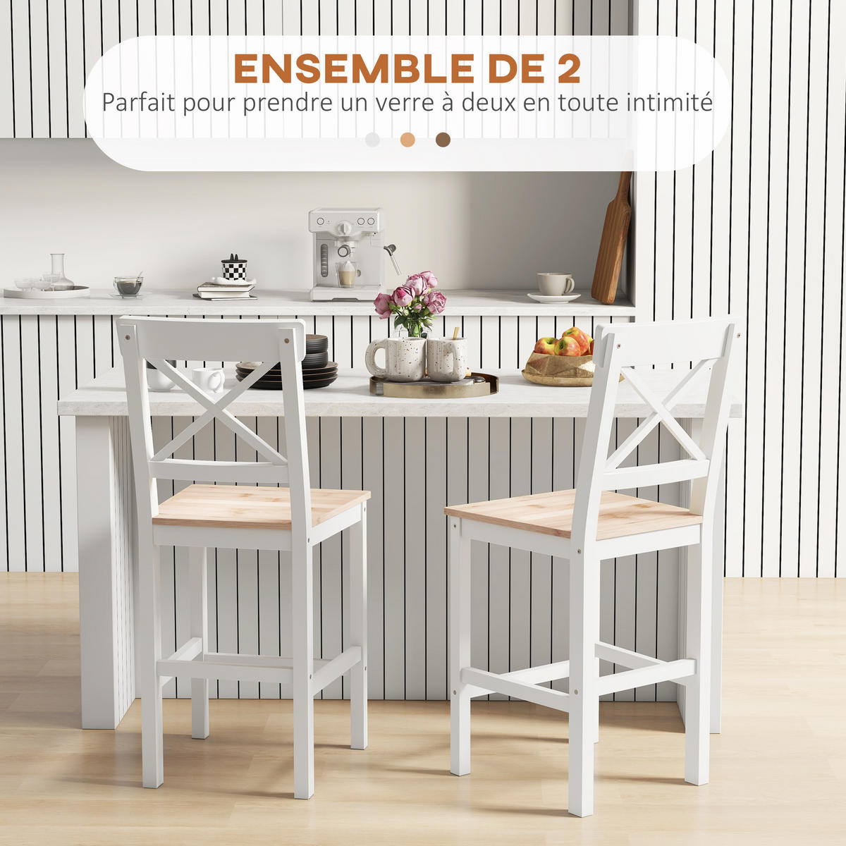 BARHOCKER 2er-Set Weiß und Natur 41/46/97,5 cm - Naturfarben, Holz (46/97.5/41cm) - PANGIVO