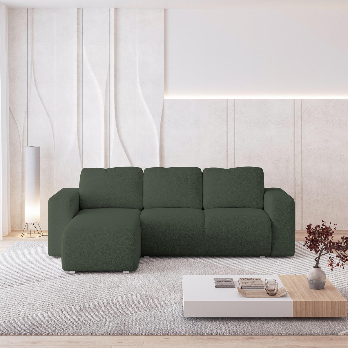 ECKSOFA RINOVA Grün Boucle-Stoff mit Schlaffunktion - Grün, Holz (250/143cm) - MASSENO