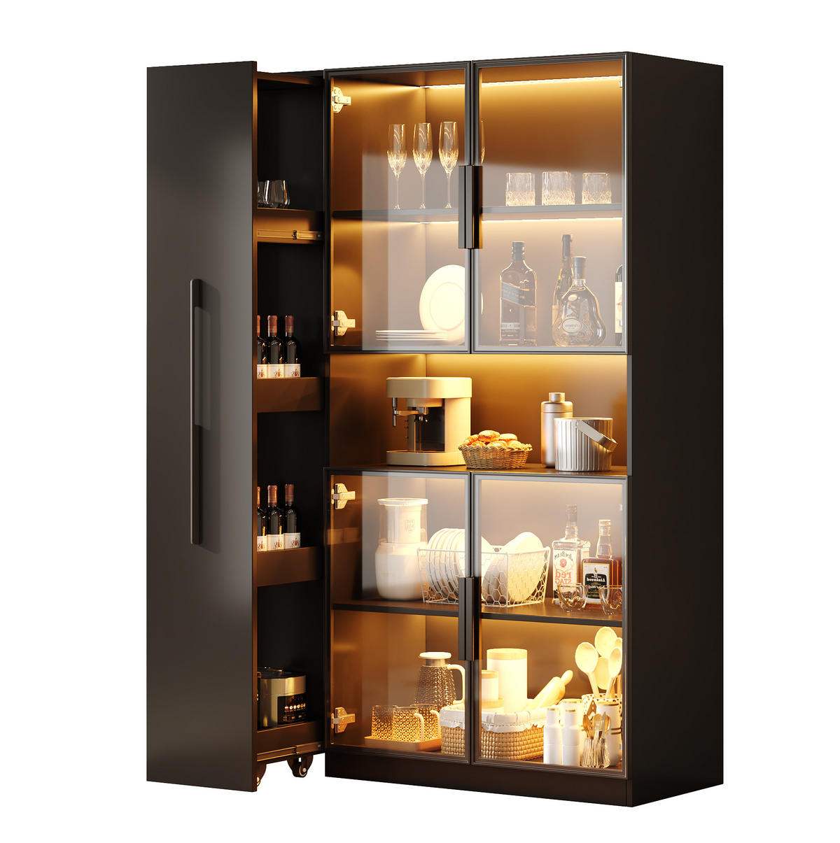VITRINE 110/35/160 cm aus MDF mit LED-Beleuchtung und ausziehbaren Seitenregalen Schwarz - Schwarz, Holzwerkstoff (110/160/35cm) - Modenvie
