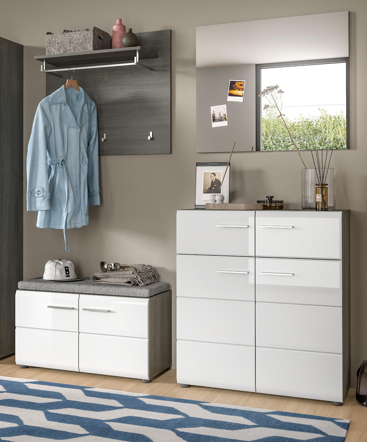 GARDEROBE Set 4-teilig weiß Hochglanz, grau 175 cm, Komplettset mit viel Stauraum - Weiß Hochglanz/Silberfarben, Glas/Holzwerkstoff (175/192/37cm) - Inn.Furn