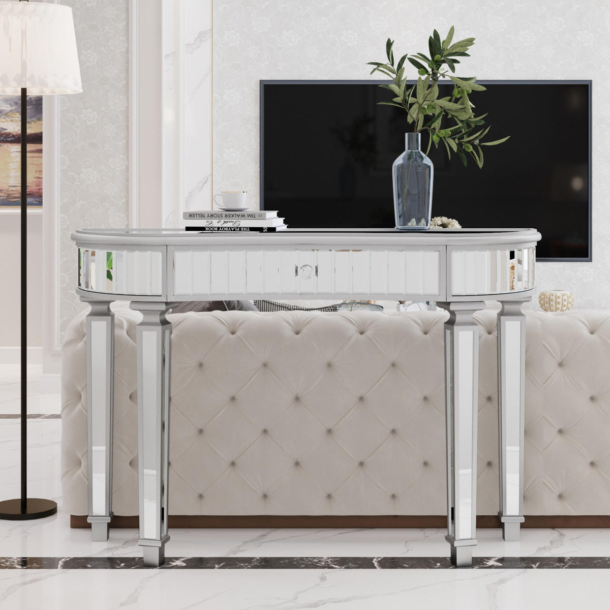 KONSOLENTISCH aus MDF und Glas 120x38x78 cm Grau/Silber mit Schublade und Spiegeloberfläche - Silberfarben, Holzwerkstoff (38/120/78cm) - IVMEU