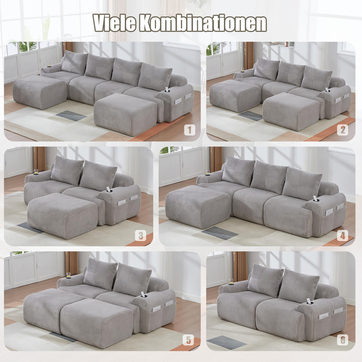 SOFA 200/174/80 cm in Hellgrau aus Cord mit Cupholder und Tasche - Hellgrau, Textil (174/80/200cm) - Flora Grace
