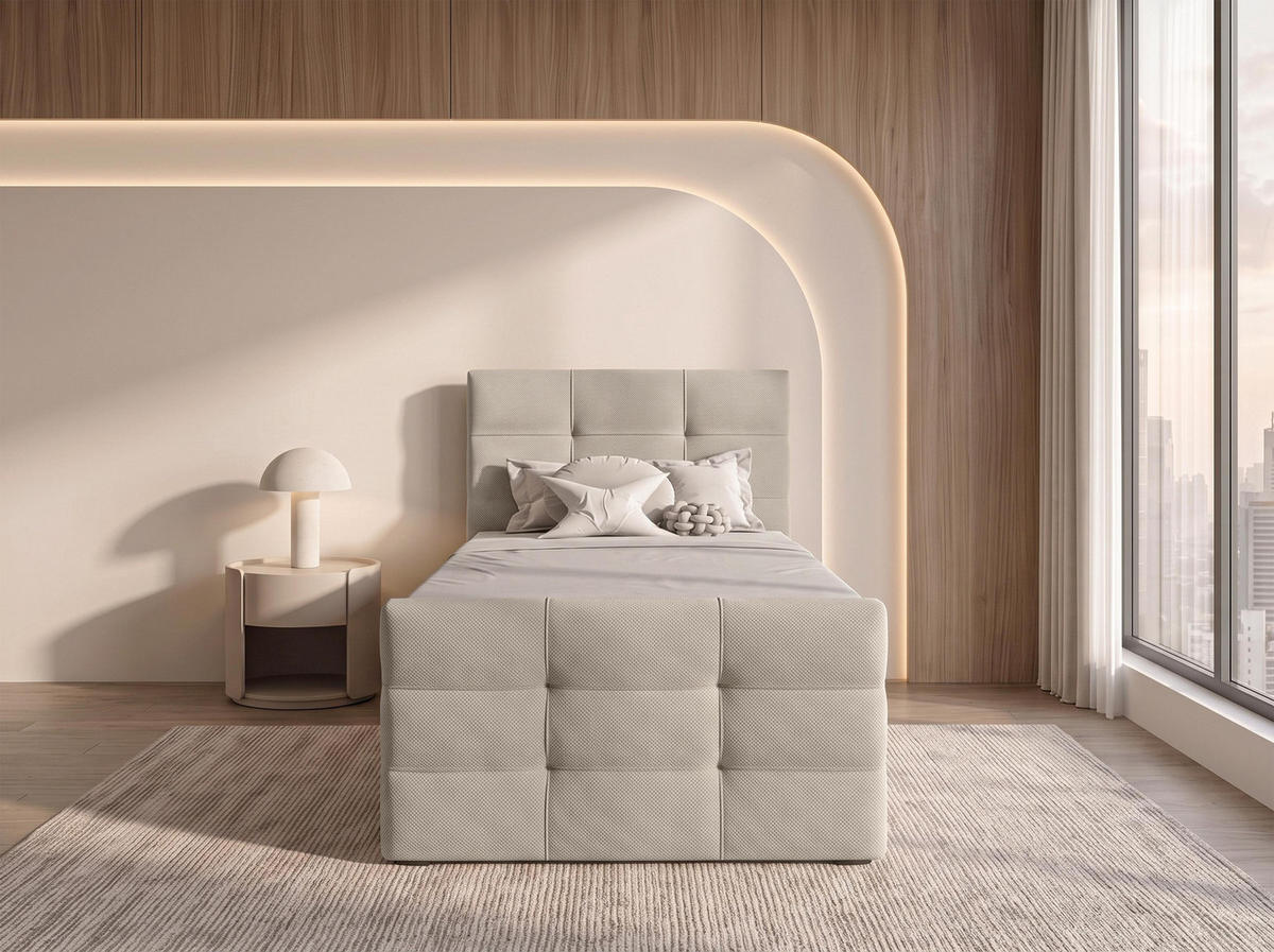 BOXBETT DEFNE 100x200 cm mit Fußteil und Matratze - Beige + TOPPER - Beige/Schwarz, Holz/Holzwerkstoff (100/200cm) - AX Living