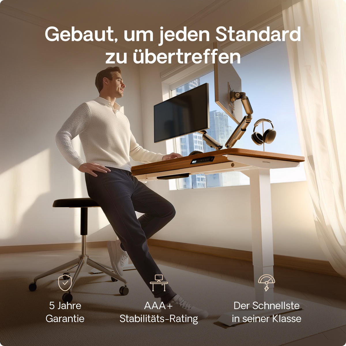 SCHREIBTISCH Elektrisch Höhenverstellbarer HomePro 120x60cm Weiß/Walnuss mit Memory-Funktion, Anti-Kollisions Technologie - Walnussfarben/Weiß, Holzwerkstoff (60/120/62cm) - Desktronic
