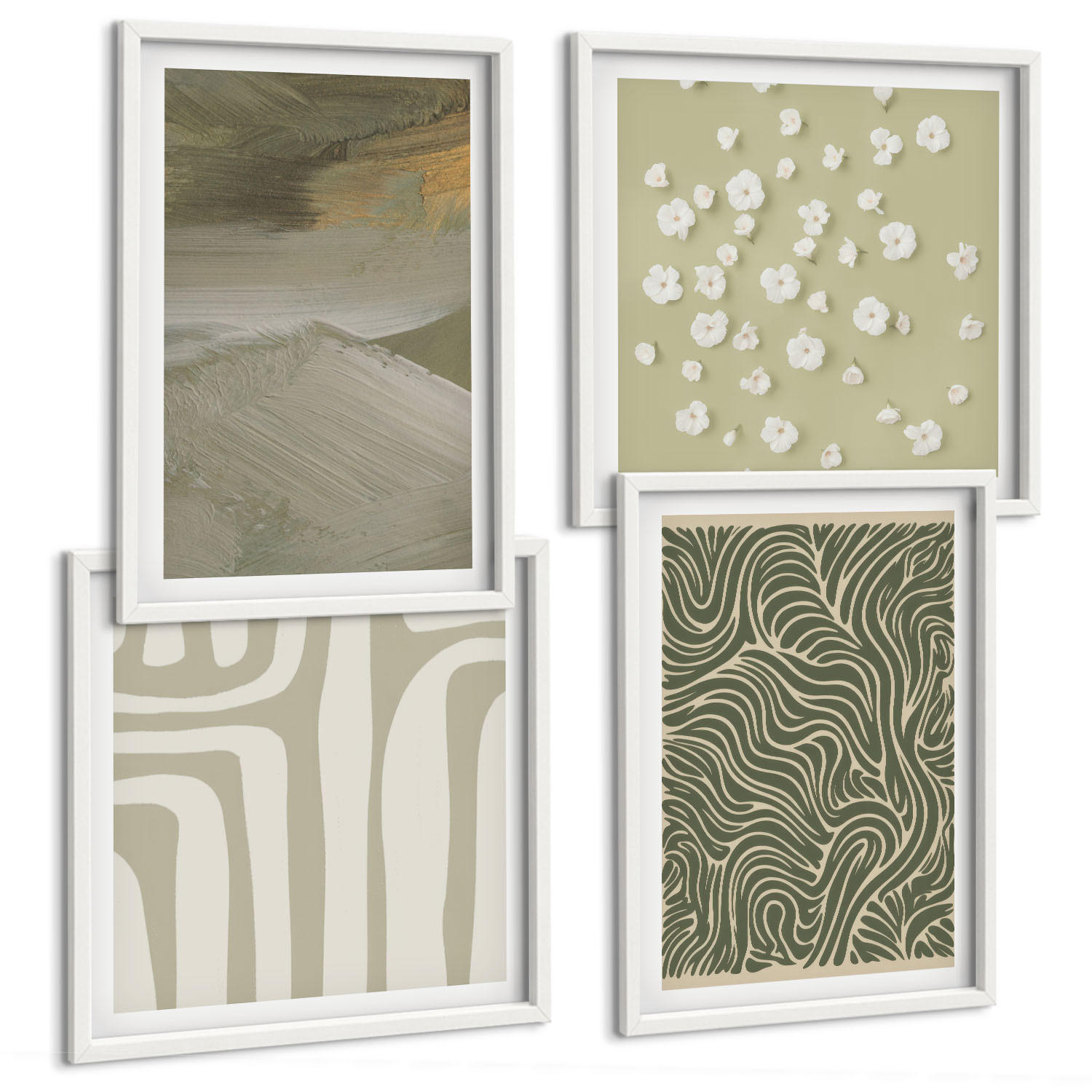 BILDER SET 4er Set - 50x50 cm & 40x60 cm Weißer Rahmen - Abstrakte Boho-Muster - Weiß, Kunststoff (50/50cm) - TULUP