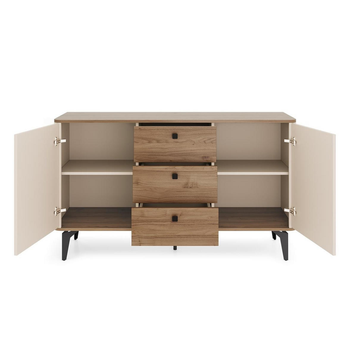 SIDEBOARD Aurena Kaschmir und Walnuss, Kommode mit 3 Schubladen und 2 Türen - Beige/Schwarz, Holzwerkstoff/Metall (88/81/40cm) - Bettso