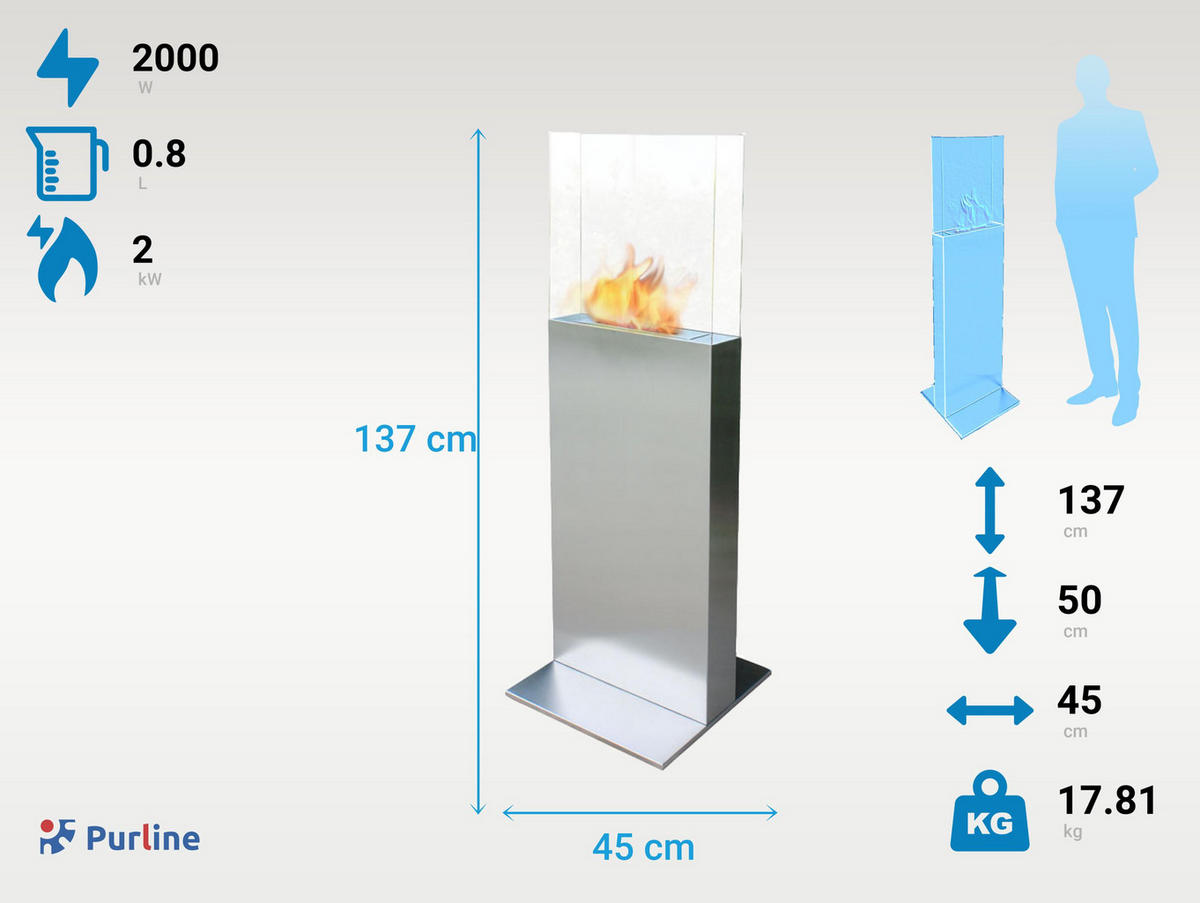 BIOETHANOL-KAMIN Silber Bodenmodell inklusive 0.8 L Brennblock - Silberfarben, Metall (45/137/50cm) - Purline