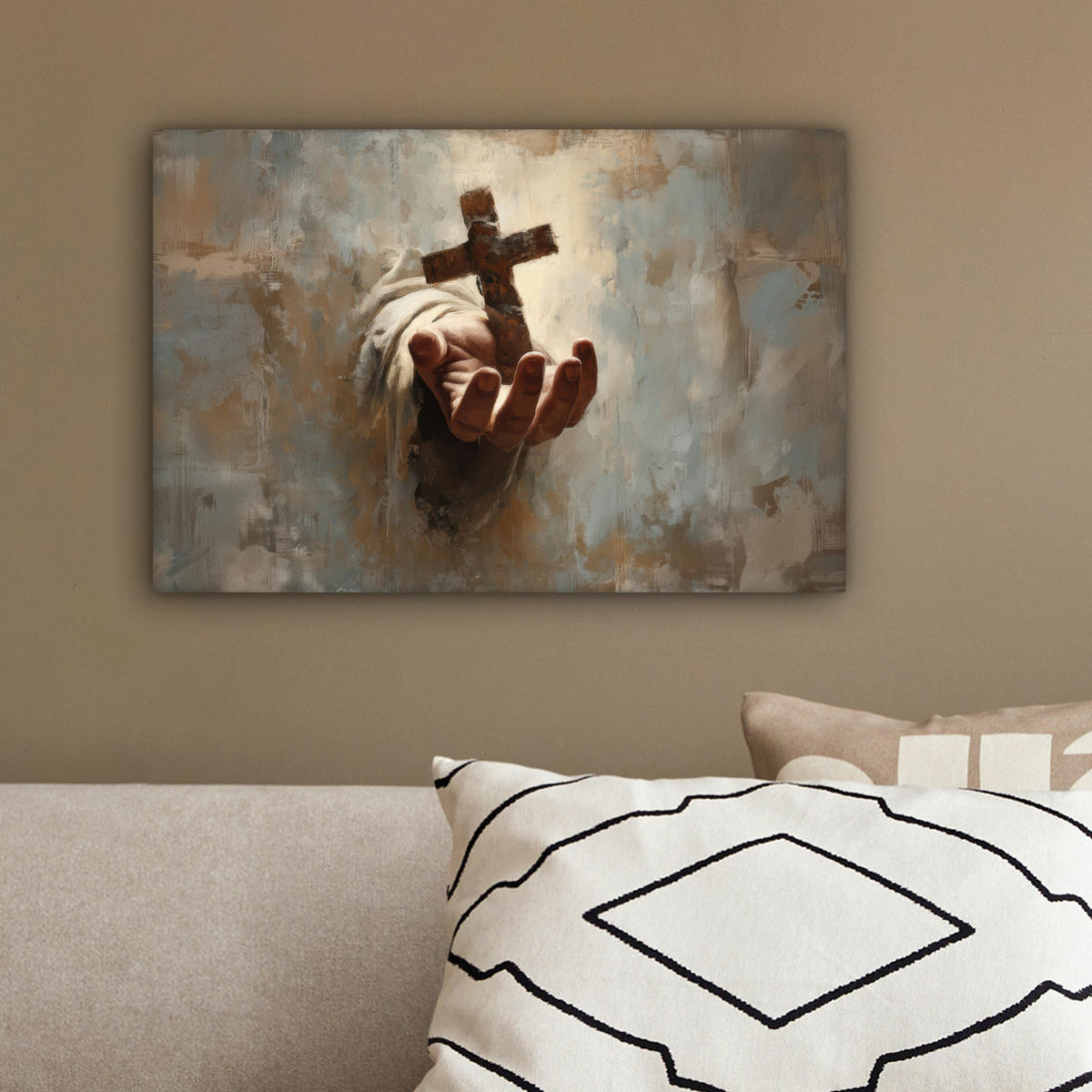 LEINWANDBILD Abstrakt - Kreuz - Hand - Christentum Deko Schlafzimmer 30x20 cm - Hellbraun, Textil (30/20cm) - MuchoWow