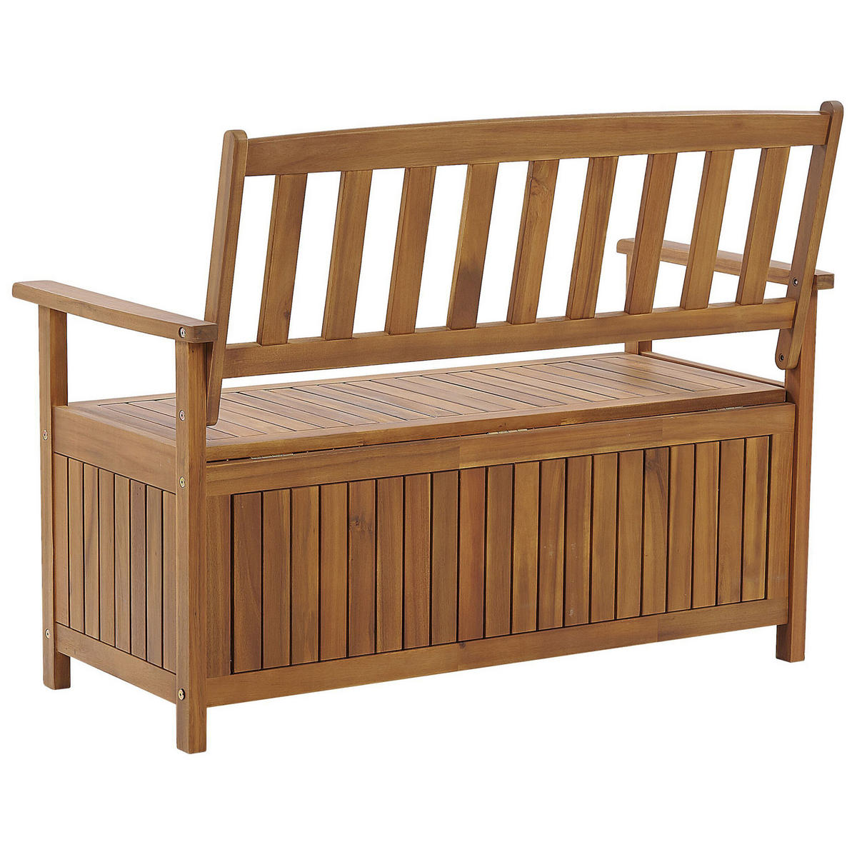 GARTENBANK Akazienholz hellbraun mit Stauraum Auflage terracotta 120 cm Sovana - Hellbraun/Terracotta, Holz (120/91/60cm) - Beliani