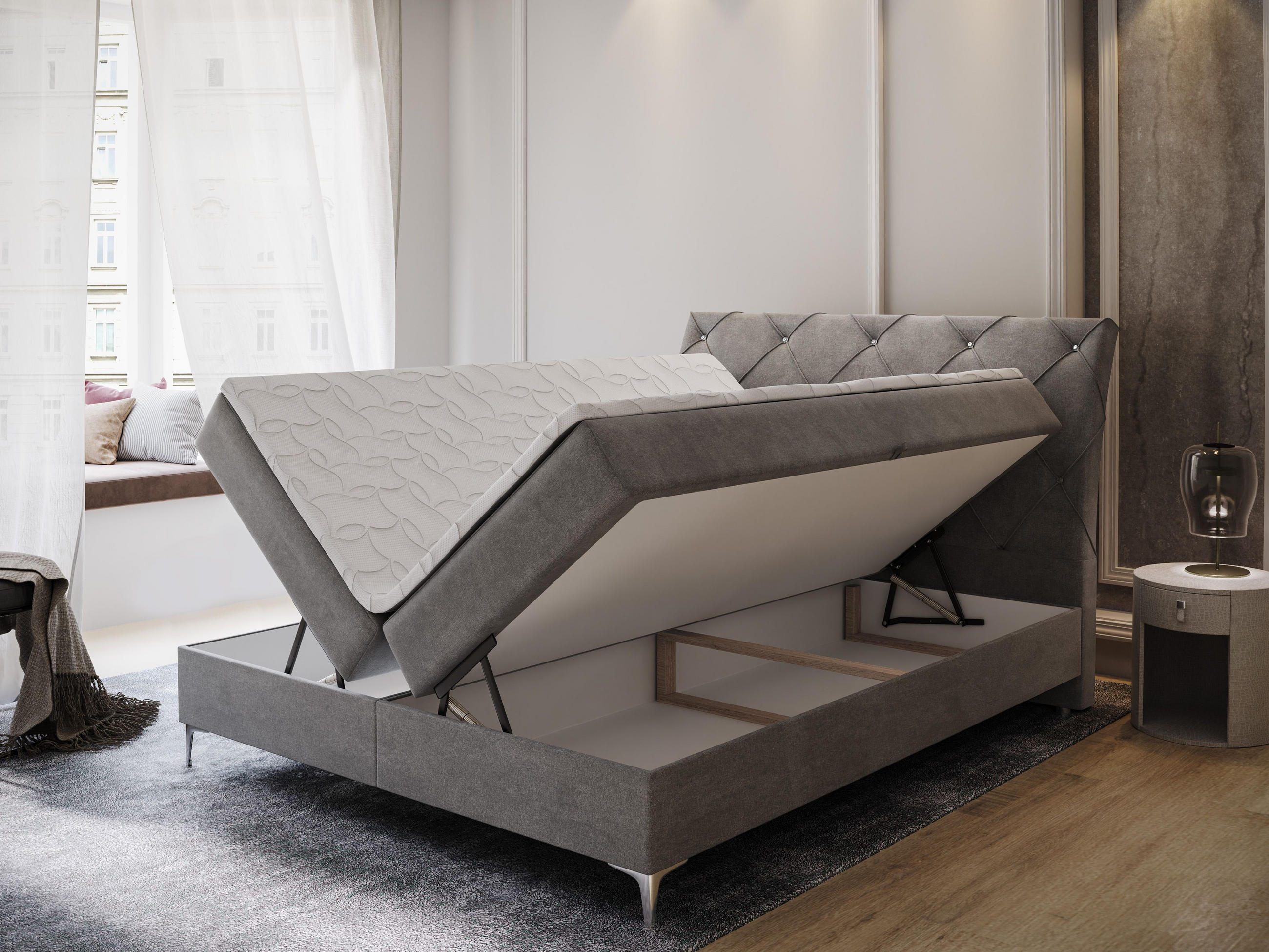 Thumbnail - Masseno Boxbett, Blau, Holz, H2 + H3, 160x200 cm, Schlafzimmer, Betten, Boxspringbetten