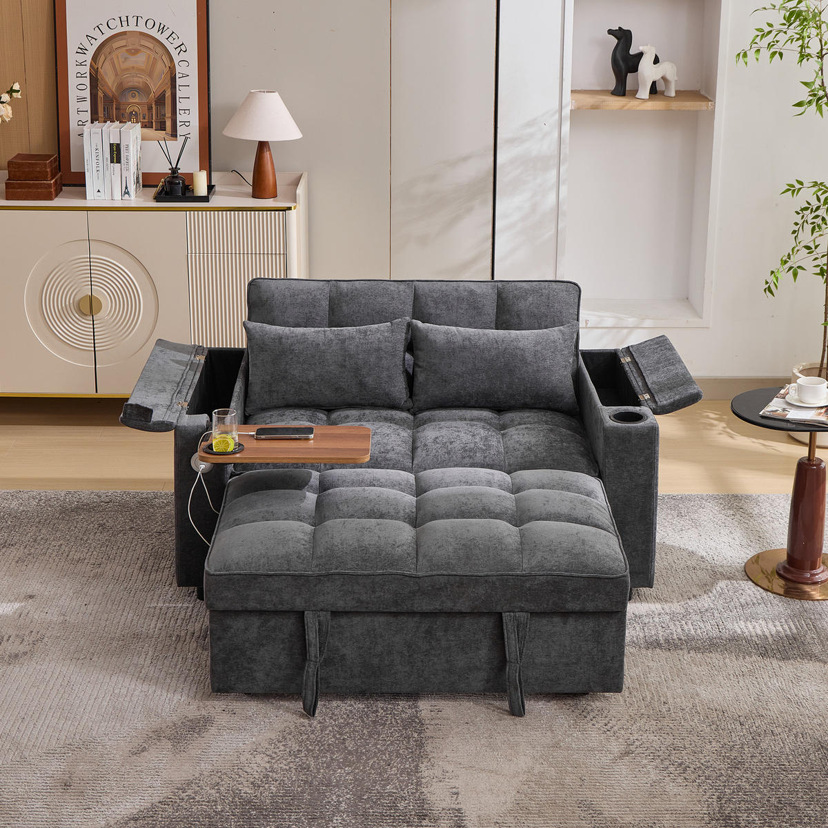 SCHLAFSOFA Stoff 3-in-1 mit USB-Anschluss, ausziehbar 140,5/74/82 cm (bis 161 cm), Grau - Grau, Textil (140.5/82/74cm) - Redom