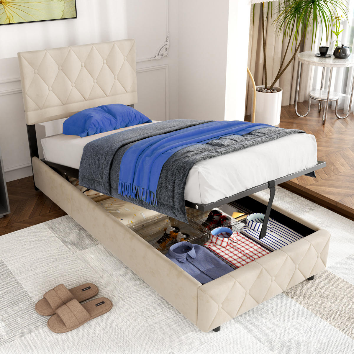 POLSTERBETT 90/200 cm mit Matratze und Bettkasten in Beige aus Samtstoff Bettgestell mit Metallrahmen - Beige, Holzwerkstoff/Textil (90/200cm) - STILVORA
