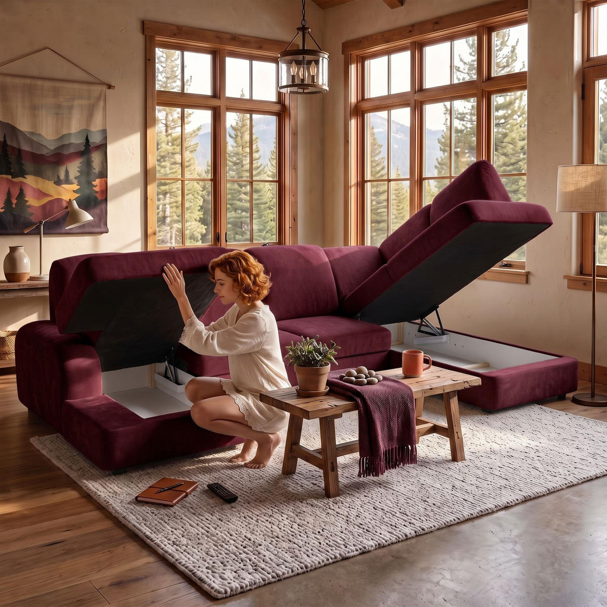 ECKSOFA VIBE U Rechts mit Schlaffunktion 129x263 Chenille Bordeaux - Bordeaux/Schwarz, Holz/Kunststoff (186/102/280cm) - Muffo