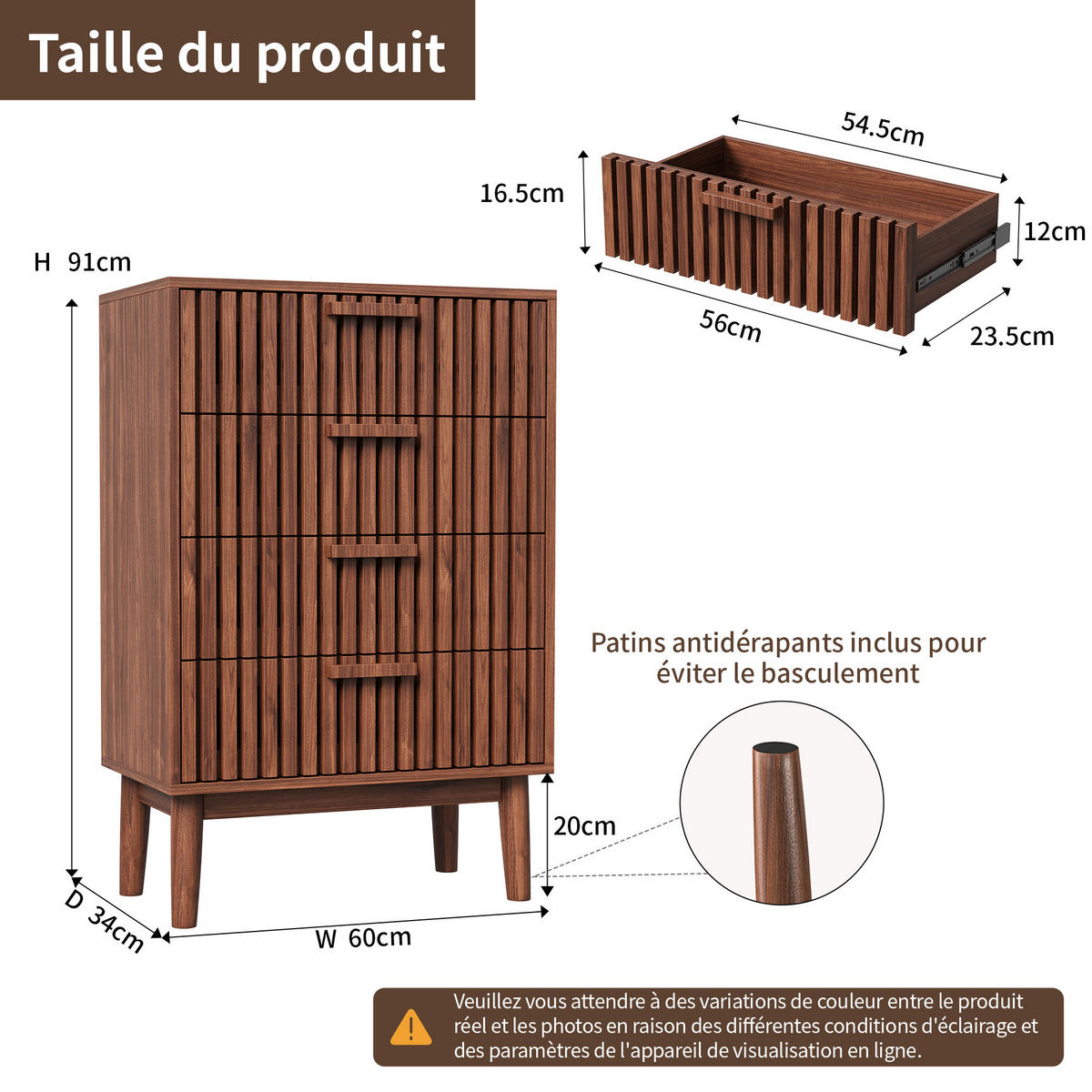 KOMMODE 60x34x91 cm 4 Schubladen Holzgriffe Stauraum Walnussoptik - Braun, Holz (34/91/60cm) - Fortuna Lai