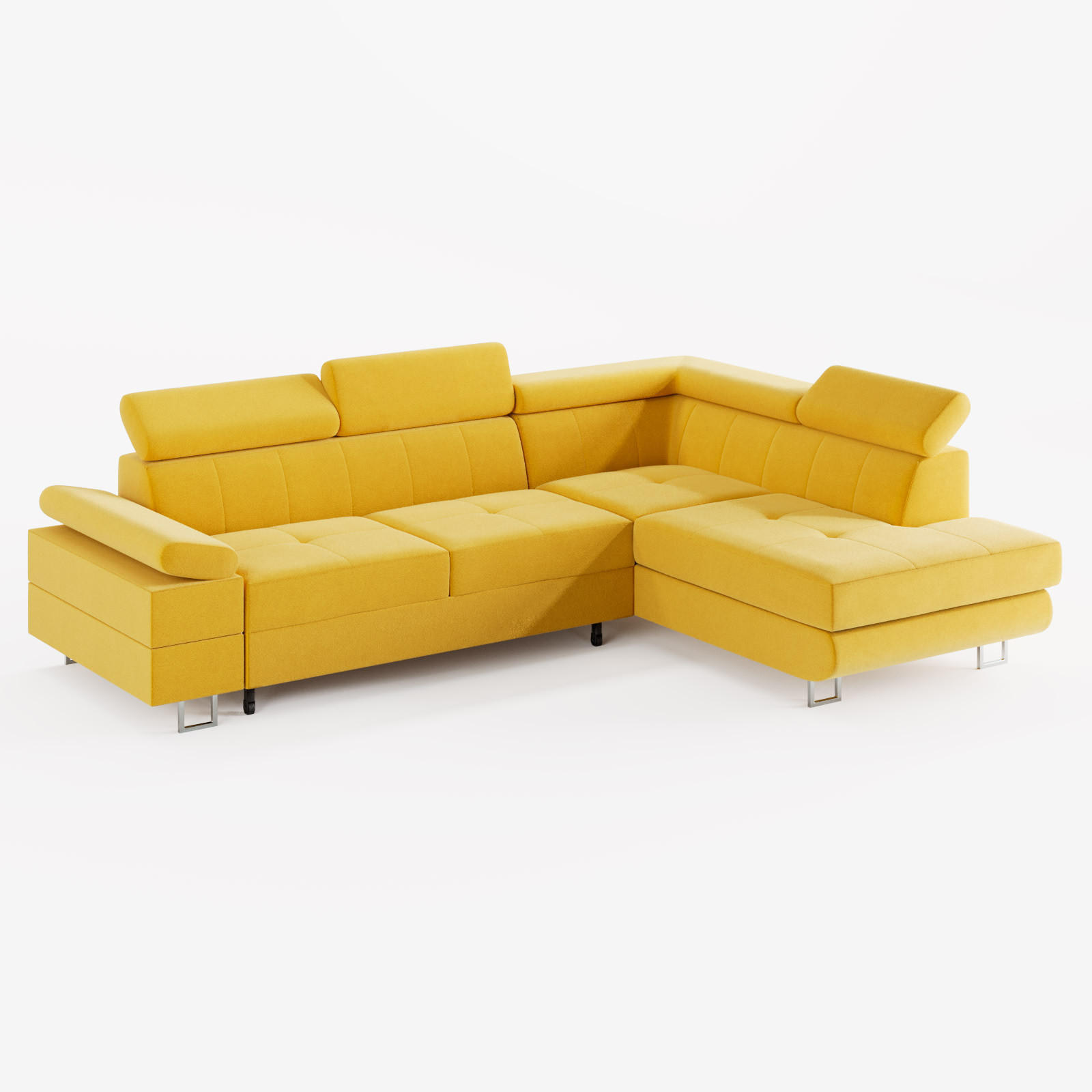 ECKSOFA CAROLINE Rechts Gelb matter Veloursstoff mit Schlaffunktion und Bettkasten - Chromfarben/Gelb, Textil (253/190cm) - Barchello