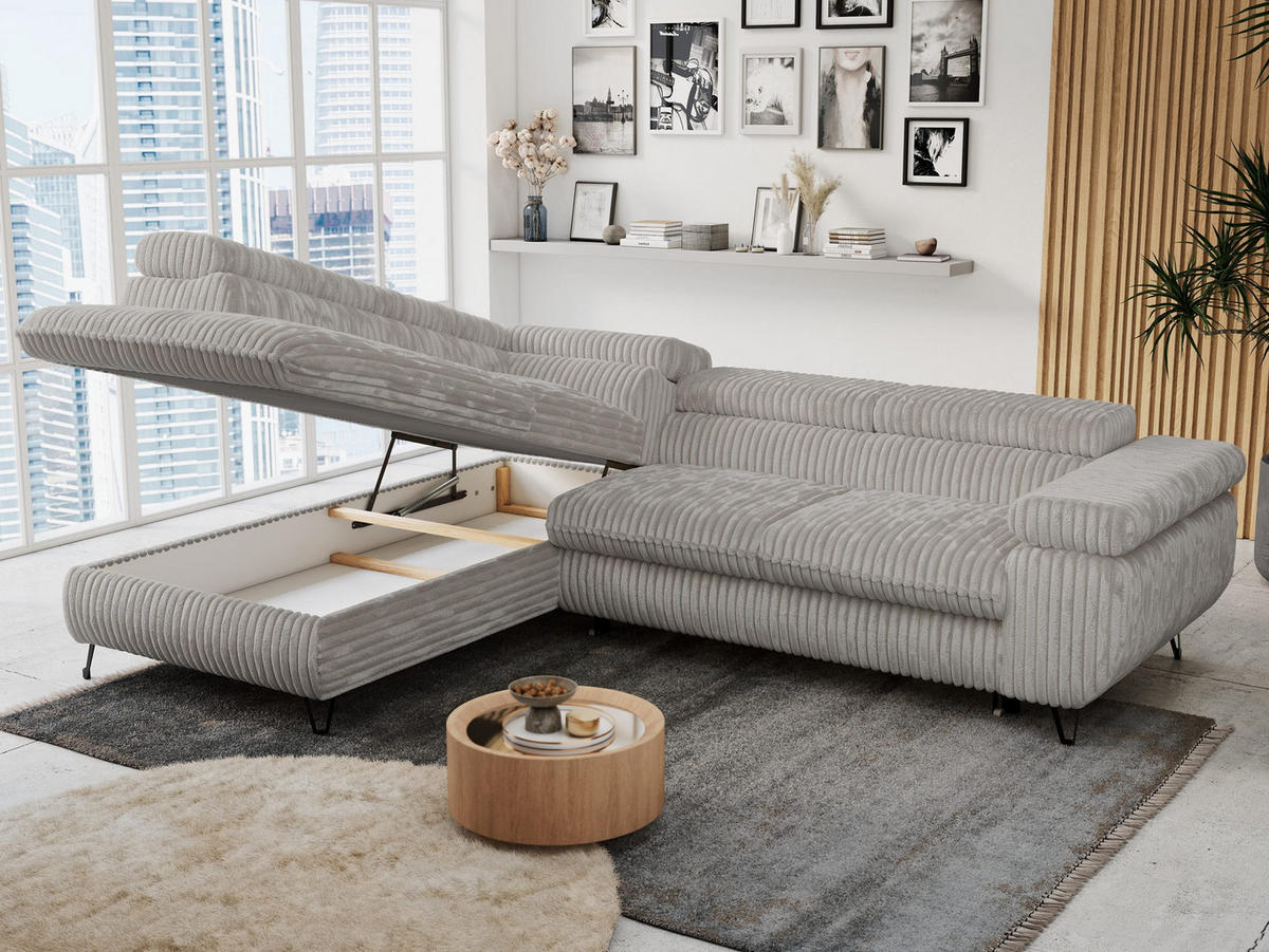 ECKSOFA PETER L Hellgrau Cord - Links Seite - Hellgrau/Schwarz, Textil/Metall (208/273cm) - MKS