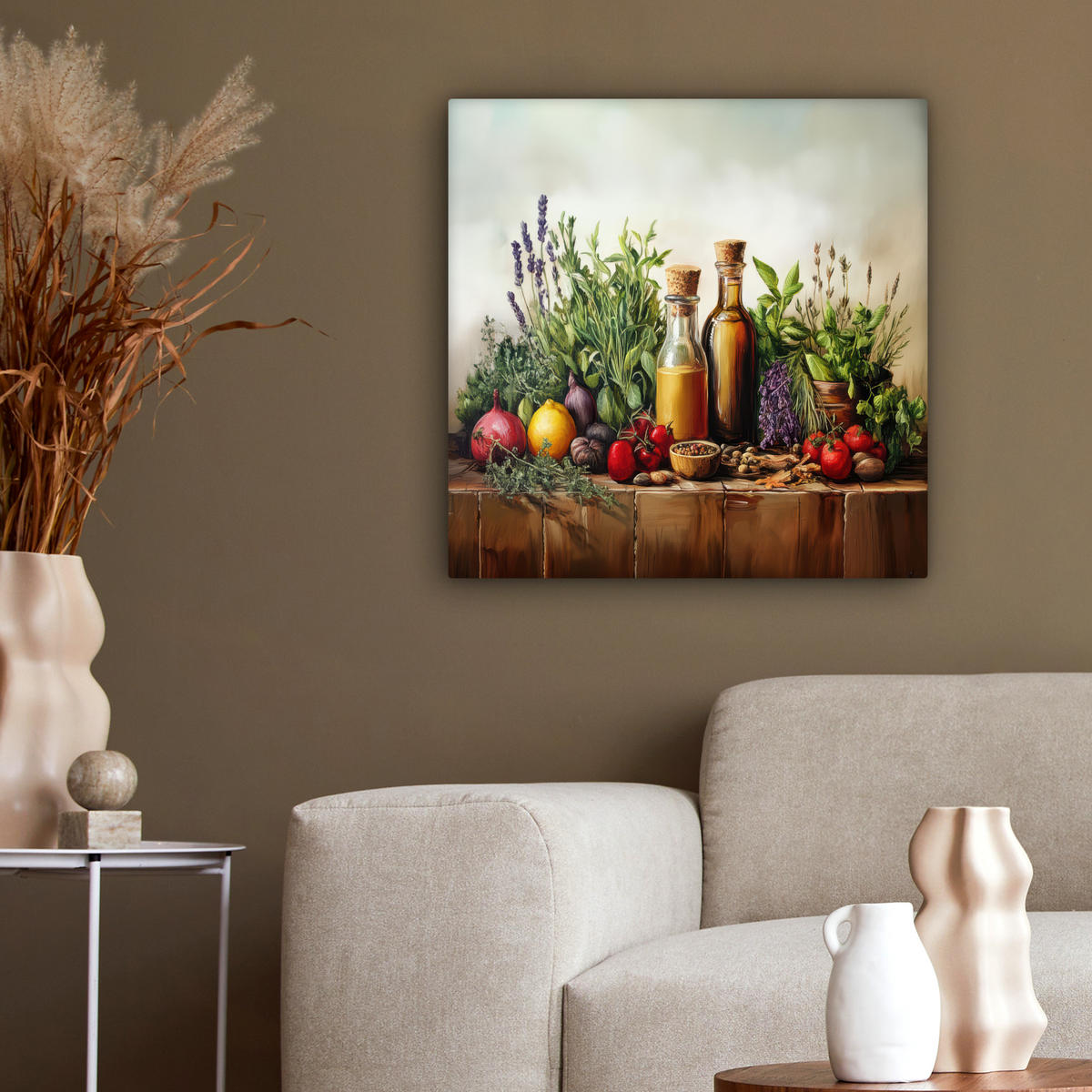 LEINWANDBILD Stilleben - Kräuter - Gewürze - Früchte - Farbenfroh 50x50 cm - Grün, Textil (50/50cm) - MuchoWow
