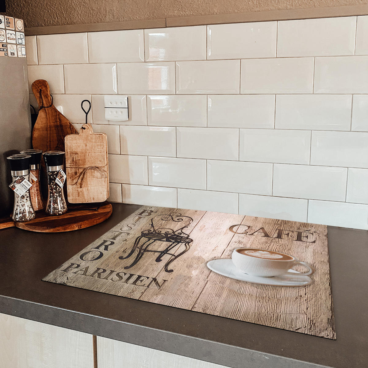 HERDABDECKPLATTE Bistro Parisien - Café - Kaffee - Jahrgang Herdabdeckung Induktionsfeld 65x52 cm - Cappuccino, Kunststoff (65/52/0.2cm) - MuchoWow