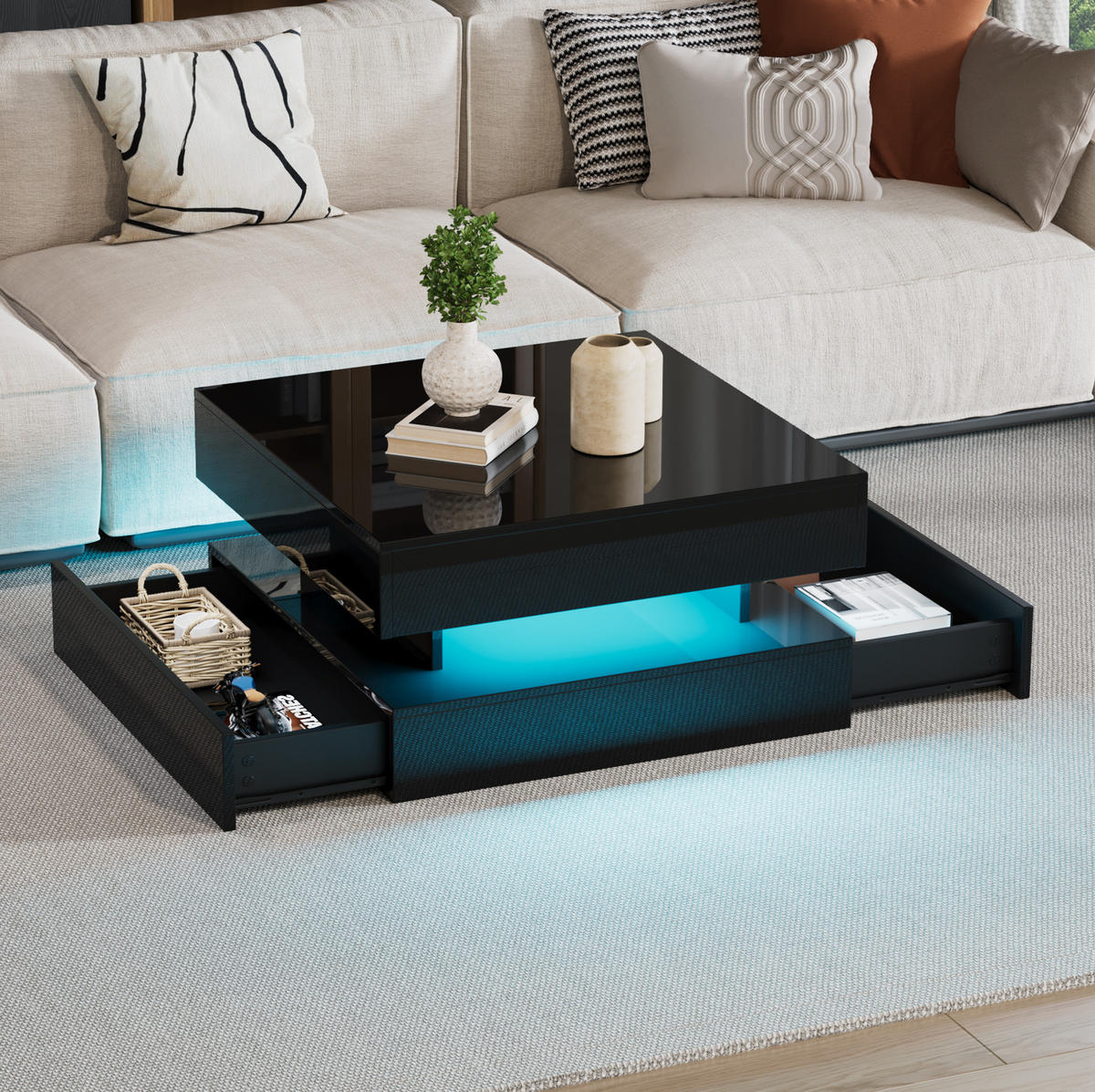 COUCHTISCH anhebbar 65 x 65 cm Hochglanz Schwarz mit LED und 2 Schubladen - Schwarz, Holzwerkstoff (65/65/38.5cm) - Meubliv