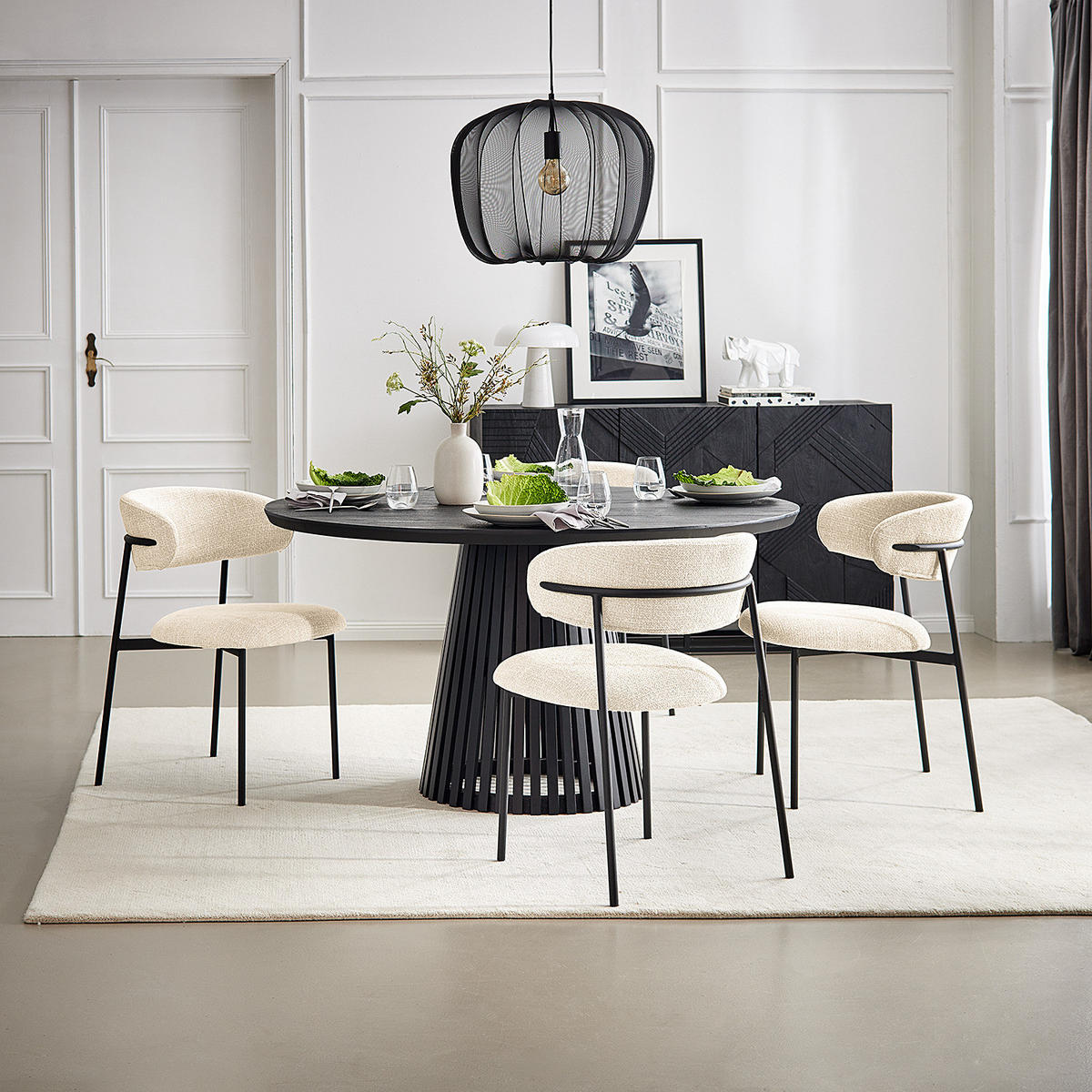 POLSTERSTUHL - Strukturstoff / Edelstahl, 2er-Set - Creme/Schwarz, Metall (58/80/54cm) - home24