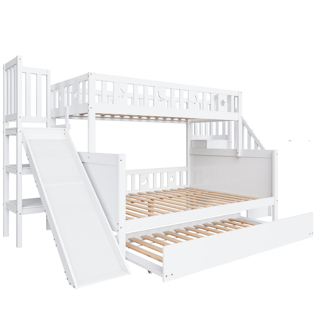 ETAGENBETT 90/200 & 140/200 cm aus Massivholz mit Rutsche und Ausziehbett - Weiß, Holz (90/200cm) - BEAOK