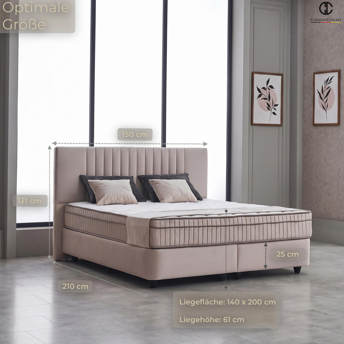 BOXSPRINGBETT MIT BETTKASTEN CARL 140/200 cm, Beige, Bettkasten, Matratze, Topper integriert, H3 mittel 7-Zonen Matratze - Beige/Schwarz, Holz/Kunststoff (140/200cm) - Consilio Concept