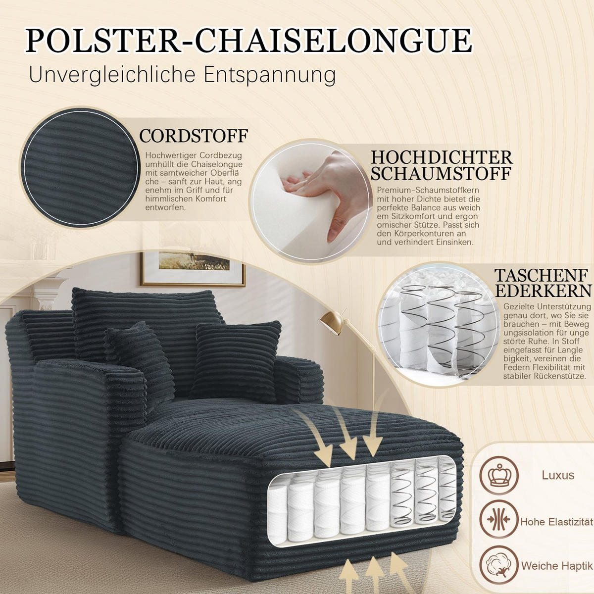 SOFA Cord Dunkelgrau - Dunkelgrau, Textil (100/82/166cm) - WISHDOR