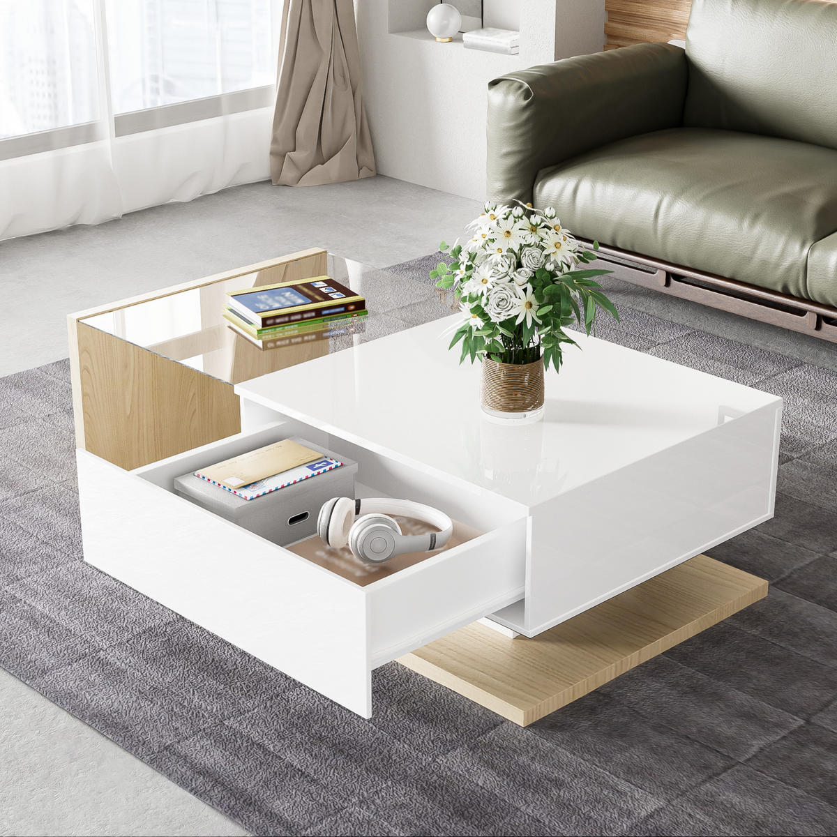 COUCHTISCH aus Spanplatte 105x55x32,5 cm in Natur mit LED-Beleuchtung - Naturfarben, Holzwerkstoff (105/55/32.5cm) - Modfu