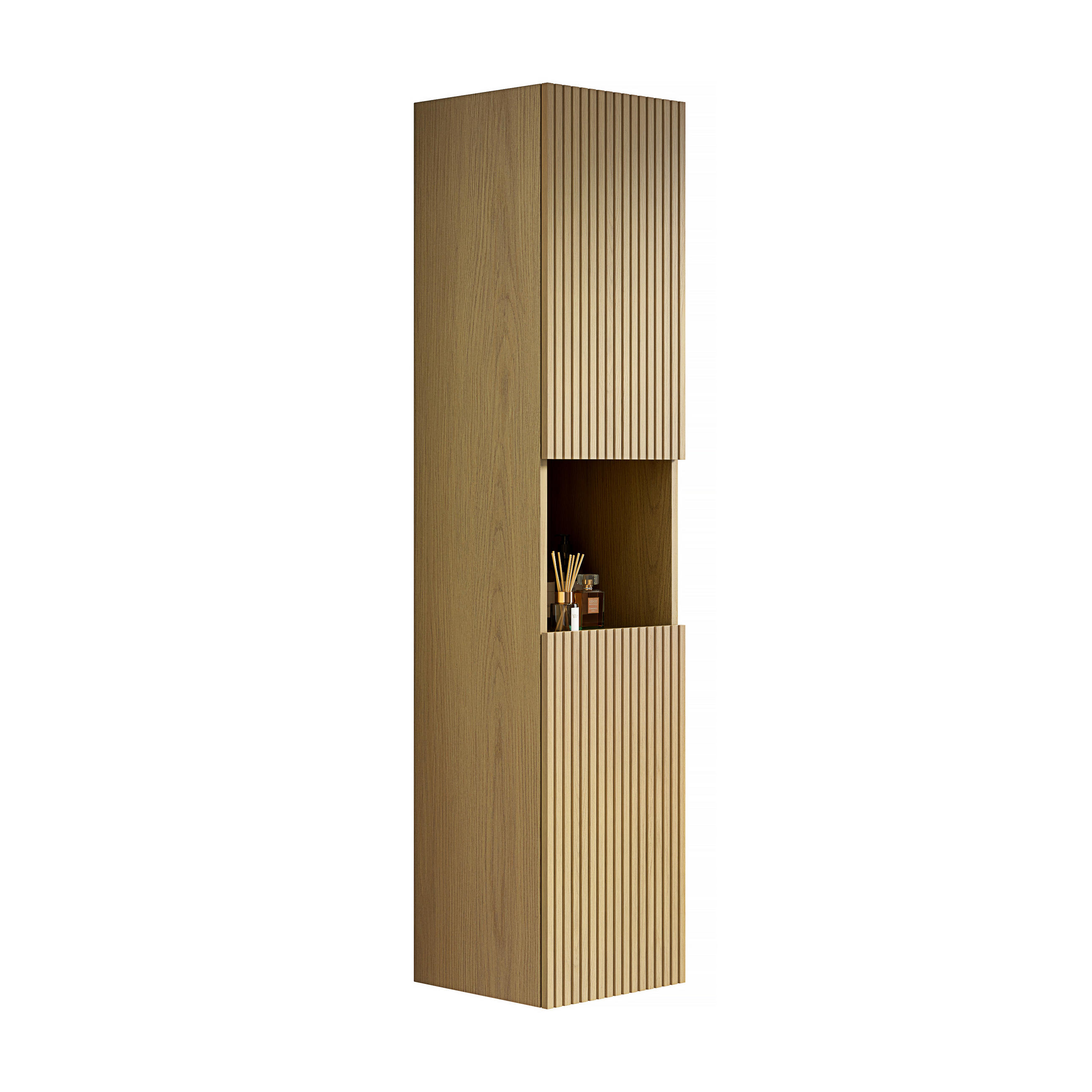 BAD-HOCHSCHRANK 160 cm,Schmal 2 Türen Offenes Fach Aufbewahrungsschrank Weiße Eiche Gold - Goldfarben, Holz (140/30/24cm) - PARAFTA HOME