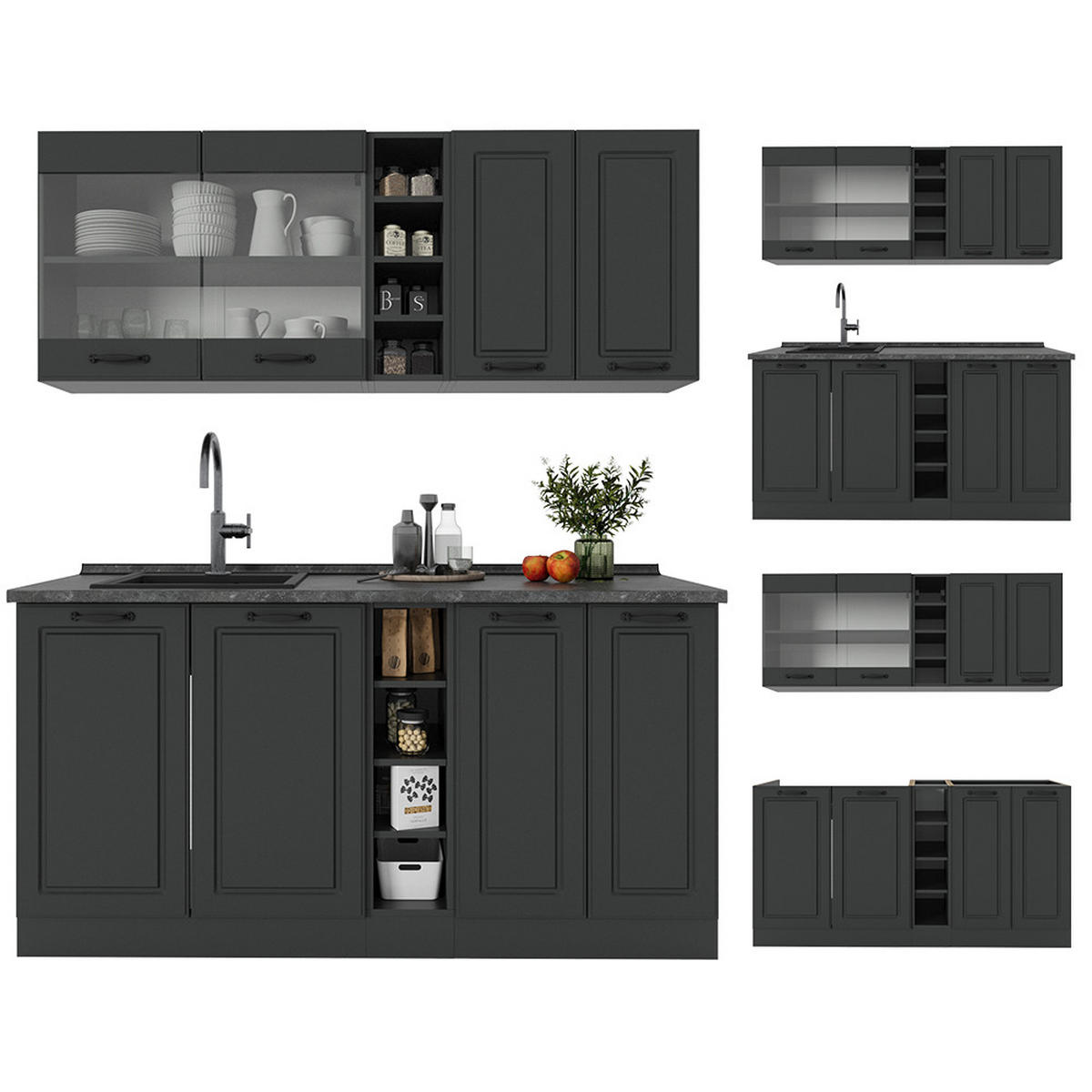 SINGLEKÜCHE R-Line Anthrazit Landhaus/Anthrazit 160 cm ohne Arbeitsplatte - Dunkelgrau/Anthrazit, Holzwerkstoff (160/81.6/46cm) - Vicco