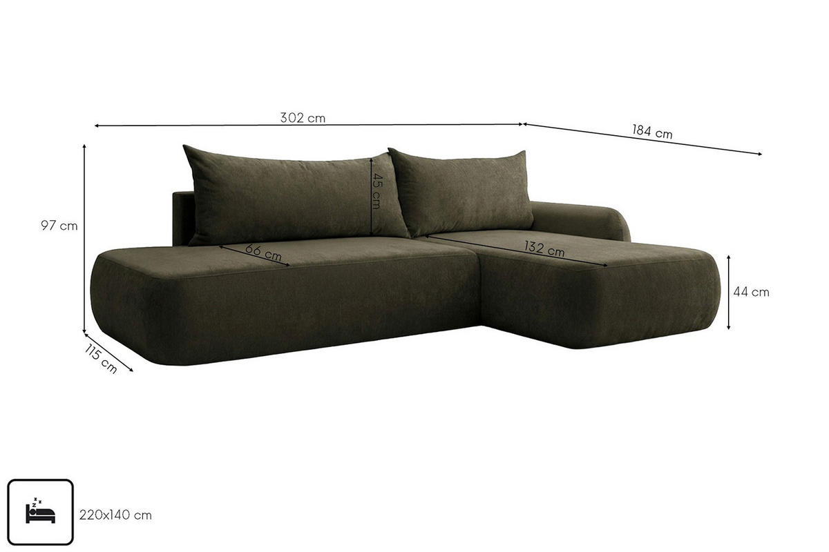 ECKSOFA Mit Schlaffunktion Und Bettkasten, Velvet-Stoff Vena, Olive, Rechts, HELA I - Olivgrün, Holz (302/184cm) - Kaiser Möbel