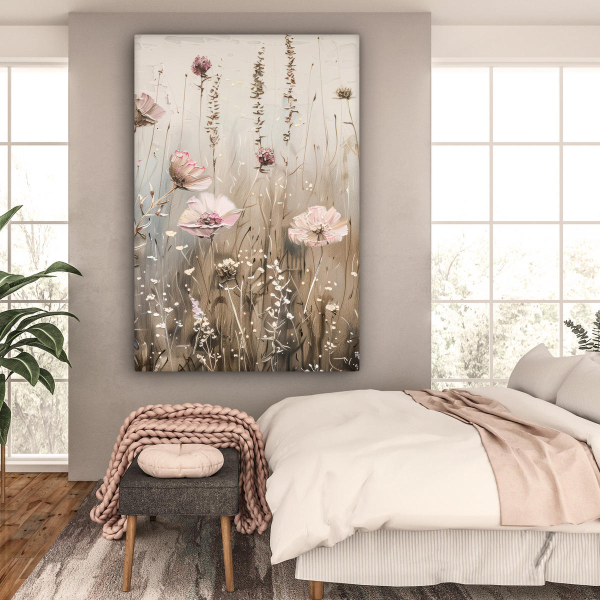 OBRAZ NA PLÁTNĚ Květiny - růžová - moderní - béžová 90x140 cm - béžová, textil (90/140cm) - MuchoWow