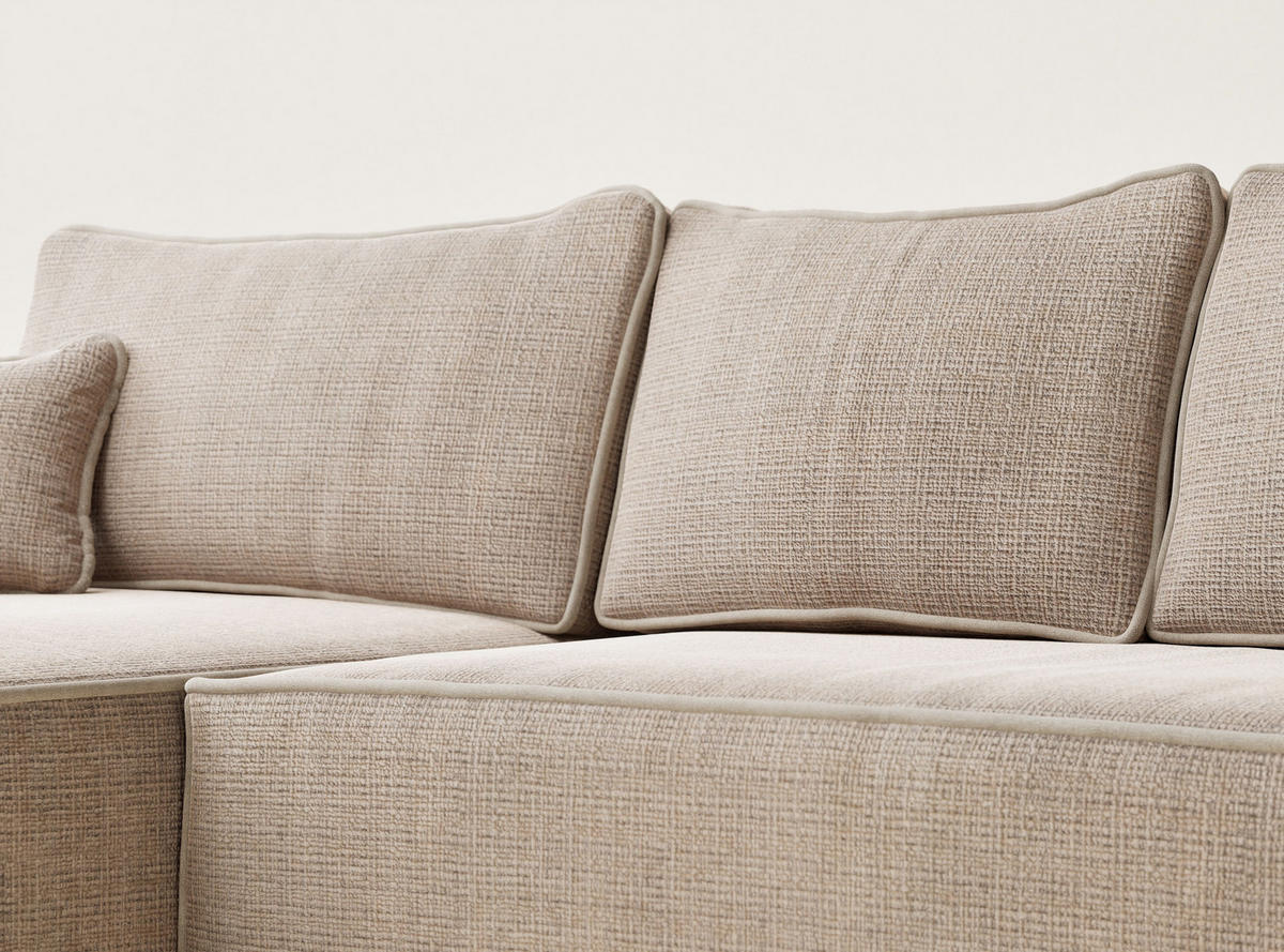 ECKSOFA MIT SCHLAFFUNKTION Modo Creme Chenille-Stoff - Links Seite - Beige/Schwarz, Holz/Holzwerkstoff (185/294cm) - Maison de Reve