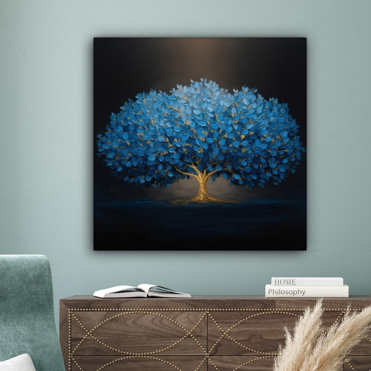 LEINWANDBILD Baum - Blau - Blätter - Pinselstriche Deko Groß 90x90 cm - Blau, Textil (90/90cm) - MuchoWow