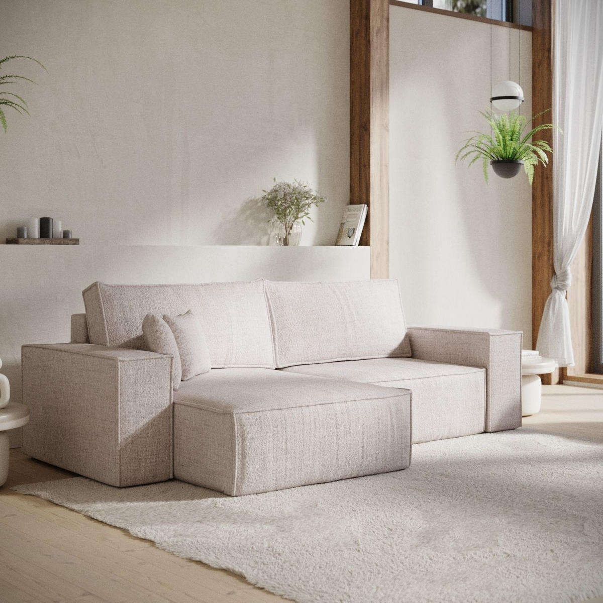 ECKSOFA CAVO mit Schlaffunktion Hellbeige im Neve Stoff - Sandfarben/Schwarz, Holz/Holzwerkstoff (255/148cm) - AltaBeds