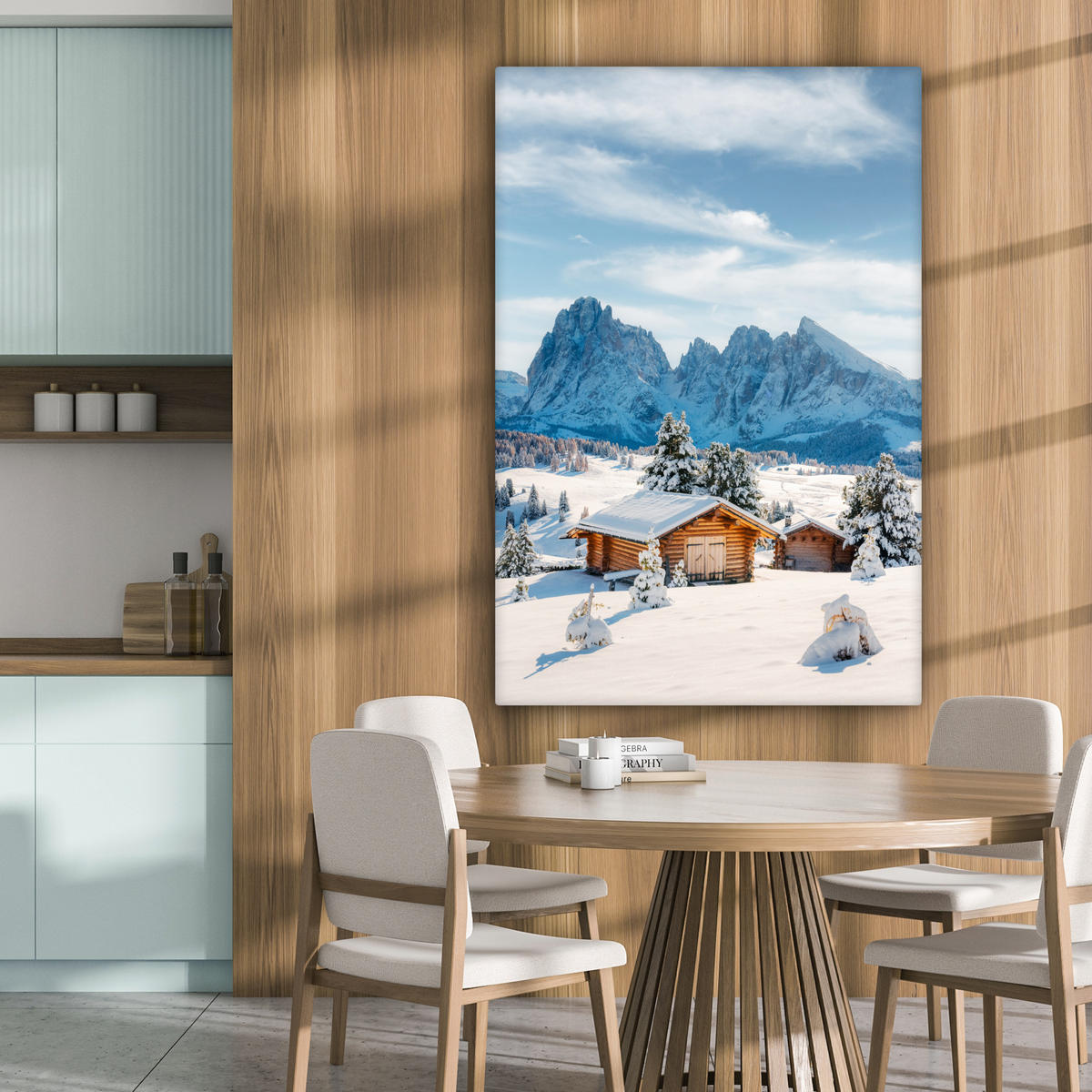 LEINWANDBILD Winter - Hütte - Berge - Aussicht - Schnee 90x140 cm - Eichefarben, Textil (90/140cm) - MuchoWow