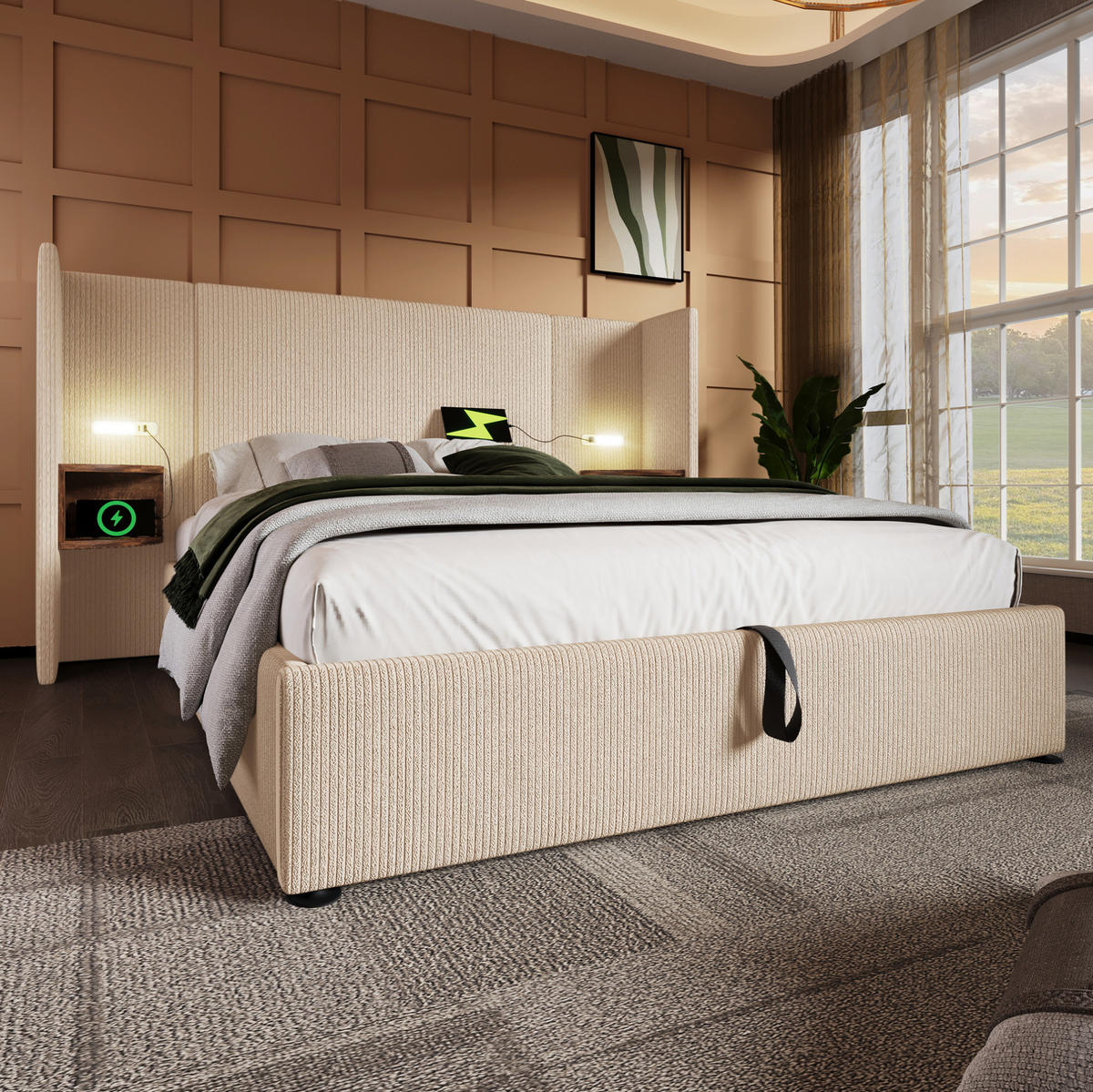 POLSTERBETT 160/200 cm Beige-Weiß aus Cordstoff mit Stauraum - Beige, Textil (160/200cm) - OKMYHOME