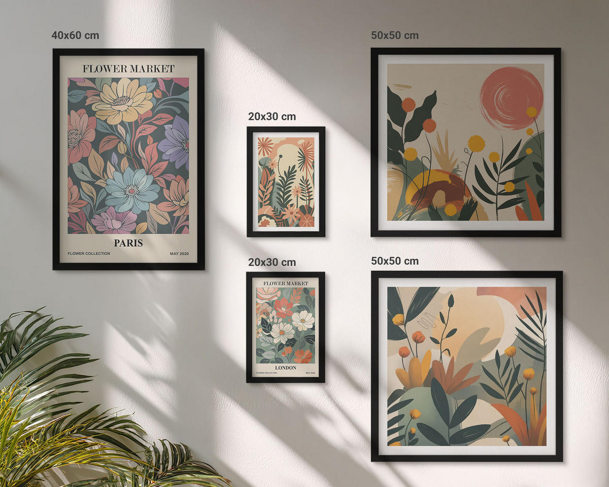BILDER SET 5er Set - 50x50 cm & 20x30 cm & 40x60 cm Schwarzer Rahmen - Blumenposter Weinstadt - Schwarz, Kunststoff (40/60cm) - TULUP