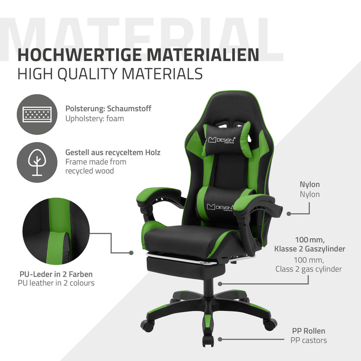 GAMINGSTUHL Schwarz-Grün aus Kunstleder - Schwarz/Grün, Kunststoff/Metall (62/119/62cm) - ML-DESIGN