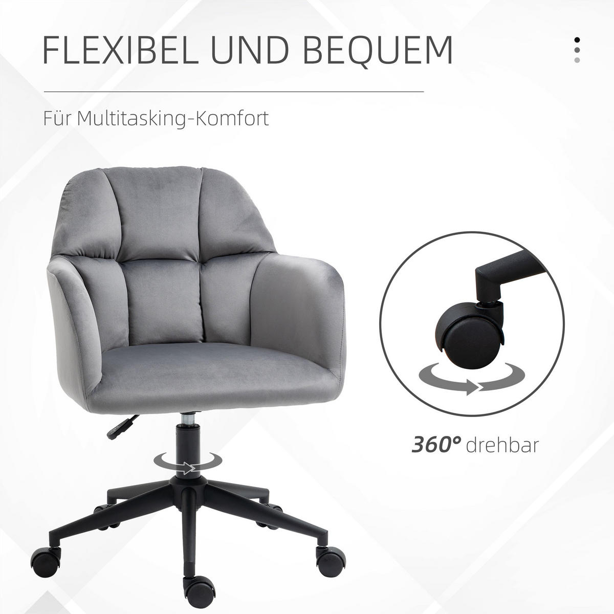 BÜROSTUHL mit Rollen, Höhenverstellbarer Schreibtischstuhl mit Samt-Optik Grau - Dunkelgrau, Kunststoff (58.5/86/58cm) - Vinsetto