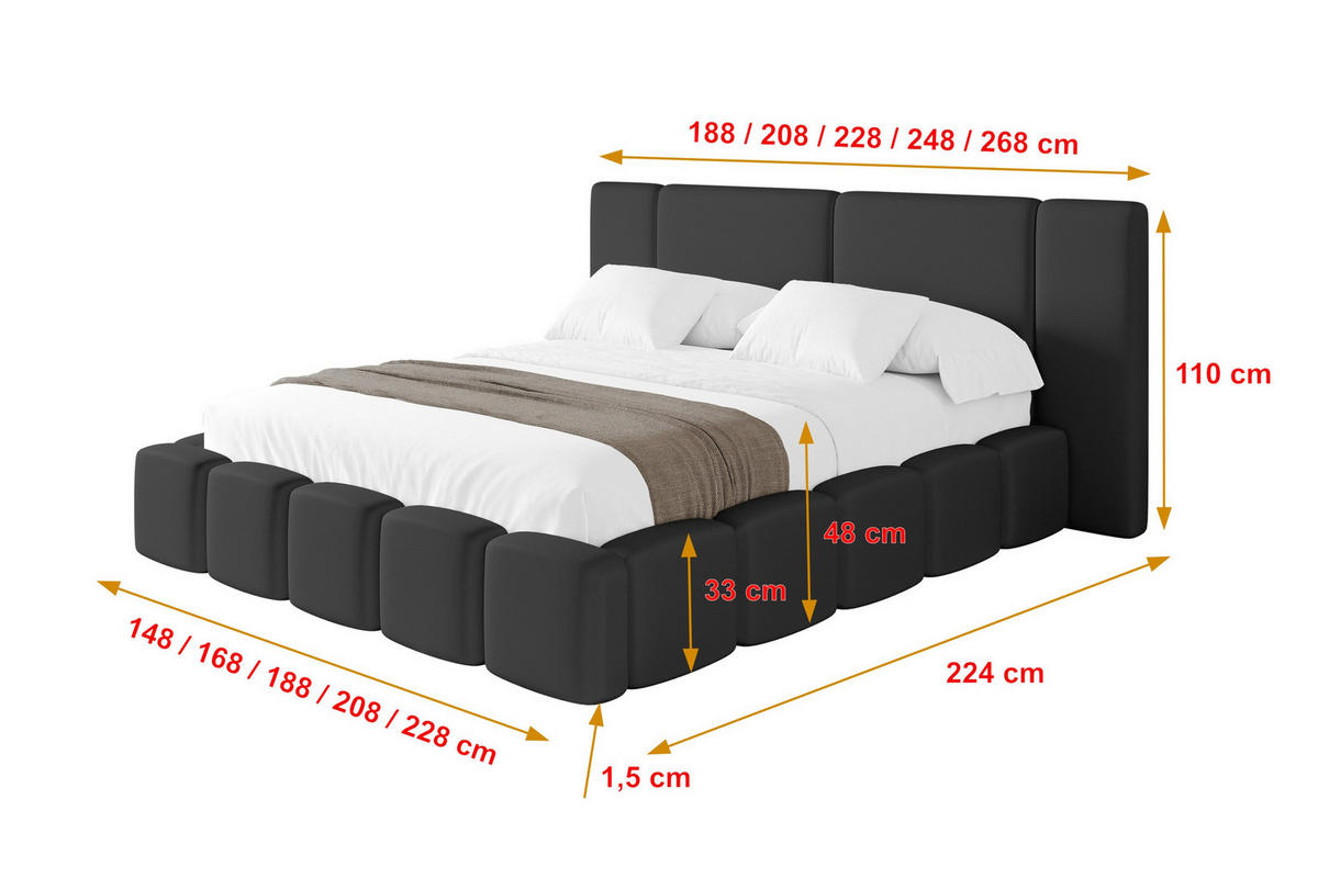POLSTERBETT mit Bettkasten und Lattenrost, Bett mit Matratze H3/H4 - NILO 140x200 Schwarz - Schwarz Hochglanz, Holzwerkstoff/Textil (140/200cm) - ALTDECOR