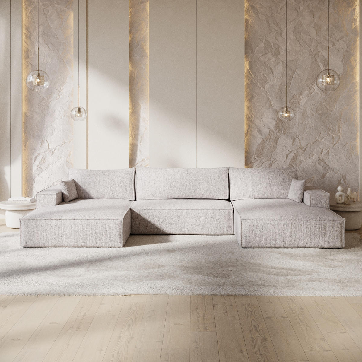 WOHNLANDSCHAFT NUBO mit Schlaffunktion Creme im Neve Stoff - Beige/Schwarz, Holz/Holzwerkstoff (398/70/148cm) - AltaBeds