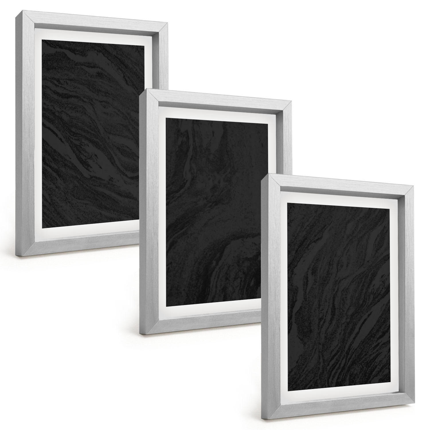 BILDER SET 3er Set - 20x30 cm Silberner Rahmen - Dunkler Marmor, elegante Texturen - Silberfarben, Kunststoff (20/30cm) - TULUP