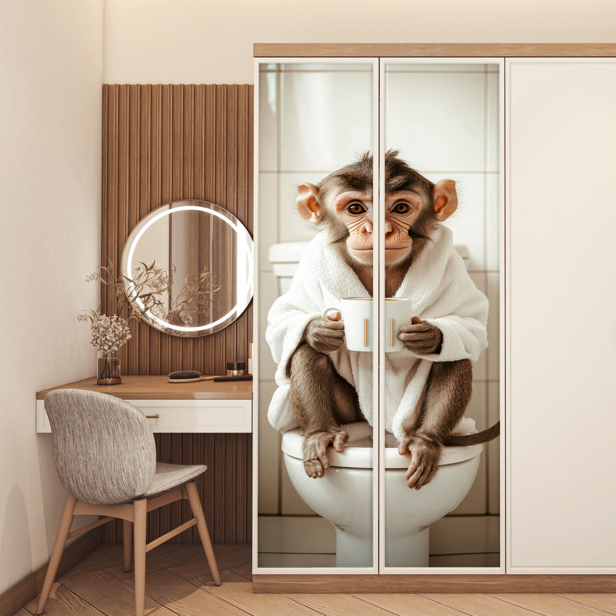 TÜRAUFKLEBER Selbstklebend - Affe - Modern - WC - Bademantel 95x215 cm - Türtapete - Rosa, Kunststoff (95/0.1cm) - MuchoWow