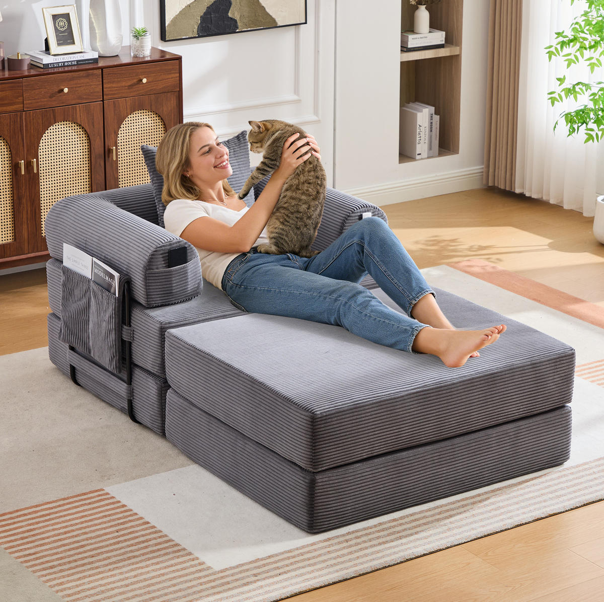 SESSEL mit Hocker 112/190/67 cm aus Cord, ergonomisch mit Seitentasche und Kissen, Dunkelgrau - Dunkelgrau, Textil (190/67/112cm) - Redom
