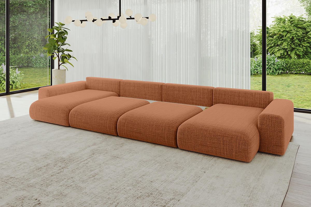 WOHNLANDSCHAFT mit Schlaffunktion ESKAR-U2-464x176x84cm Apricot - Orange, Holzwerkstoff/Kunststoff (176/72/464cm) - ALTDECOR