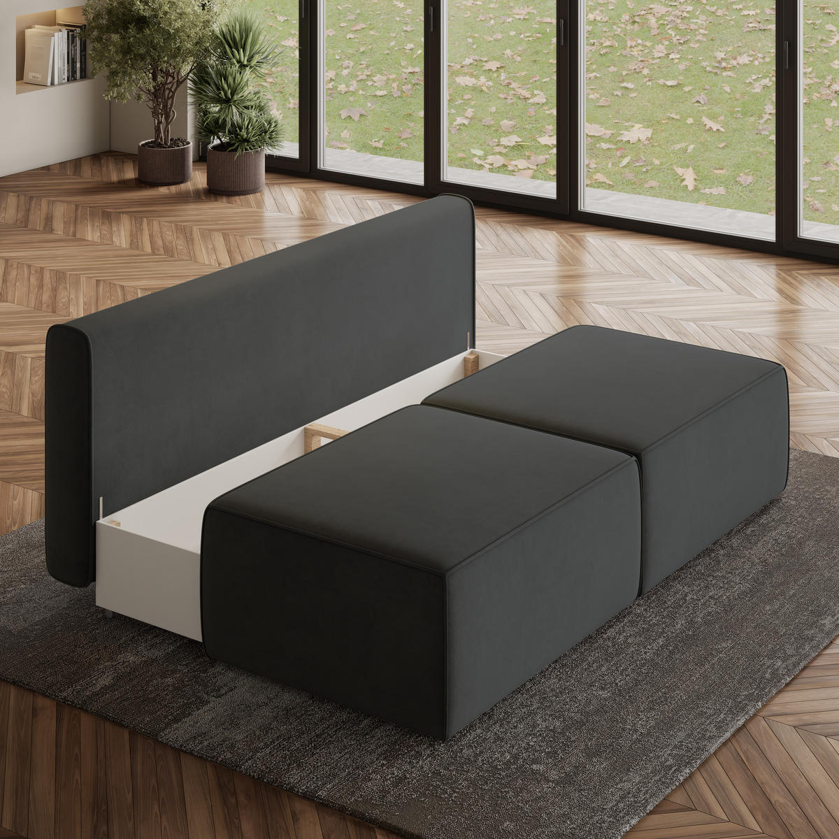 ECKSOFA VARNA M Schwarz Velours-Stoff mit Schlaffunktion - Schwarz, Holz (196/158cm) - MASSENO